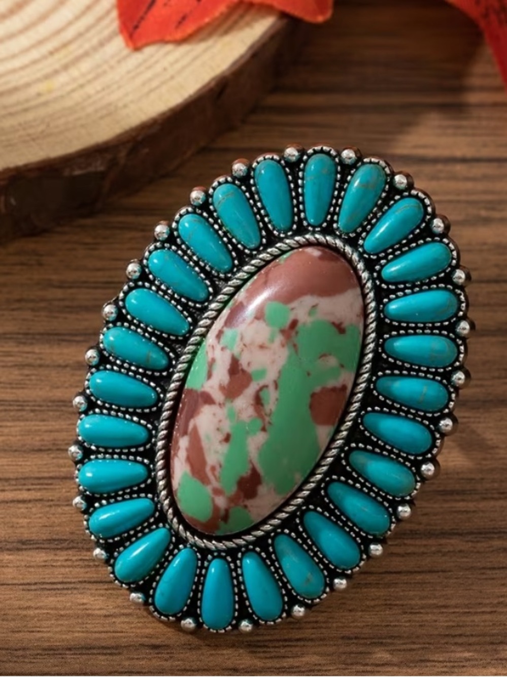 WESTERN Faux Turquoise and Brown Green Stone Statement Ring